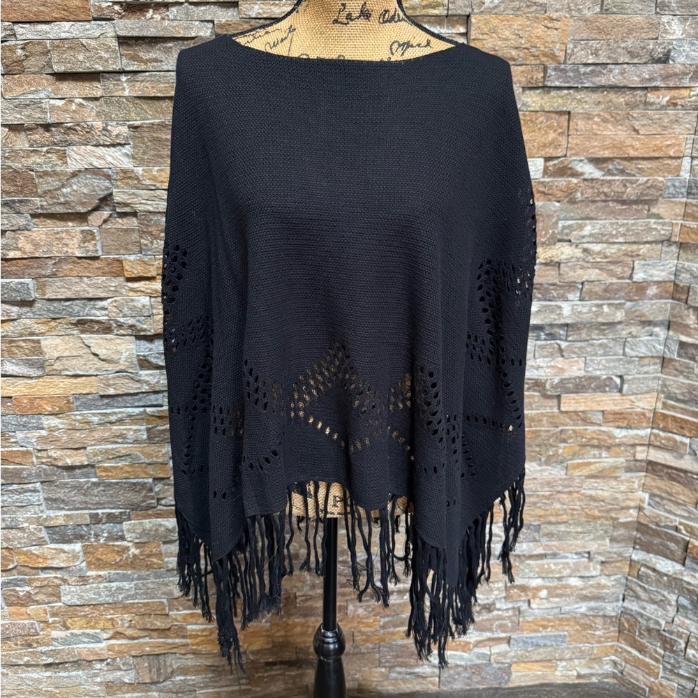 Lucky Brand Black Knit Fringe Poncho